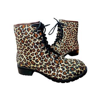 KALLI Leopard Women Size 11 Combat Boots Low Heel Mid Calf Lace Up New